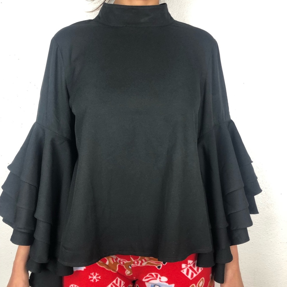 INA BLACK RUFFLED SLEEVE BLOUSE TOP